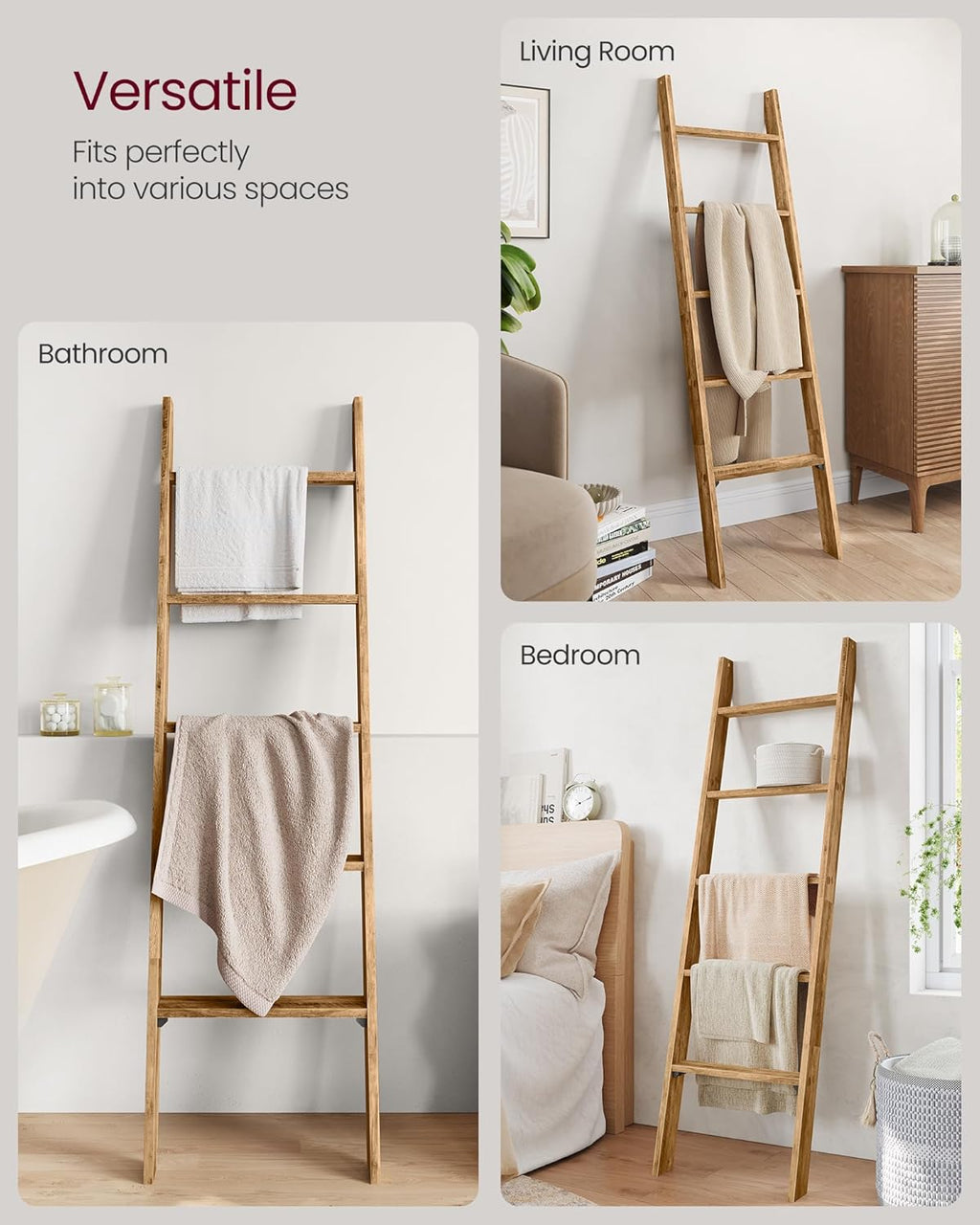 VASAGLE Blanket Ladder Decorative Farmhouse for The Living Room, 5-Tier Ladder Shelf, Ladder Rack for Storage and Decor, Honey Brown ULLS018K41