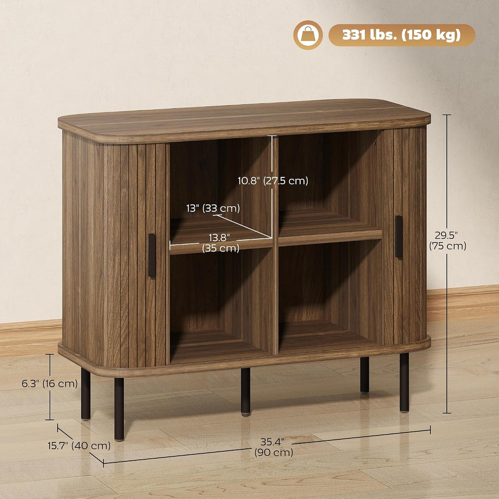 HOMCOM 35.4" Sideboard Buffet Cabinet with Storage, Nordic Coffee Bar Cabinet with Slatted Tambour Doors and Metal Legs, Kitchen Credenza, Walnut