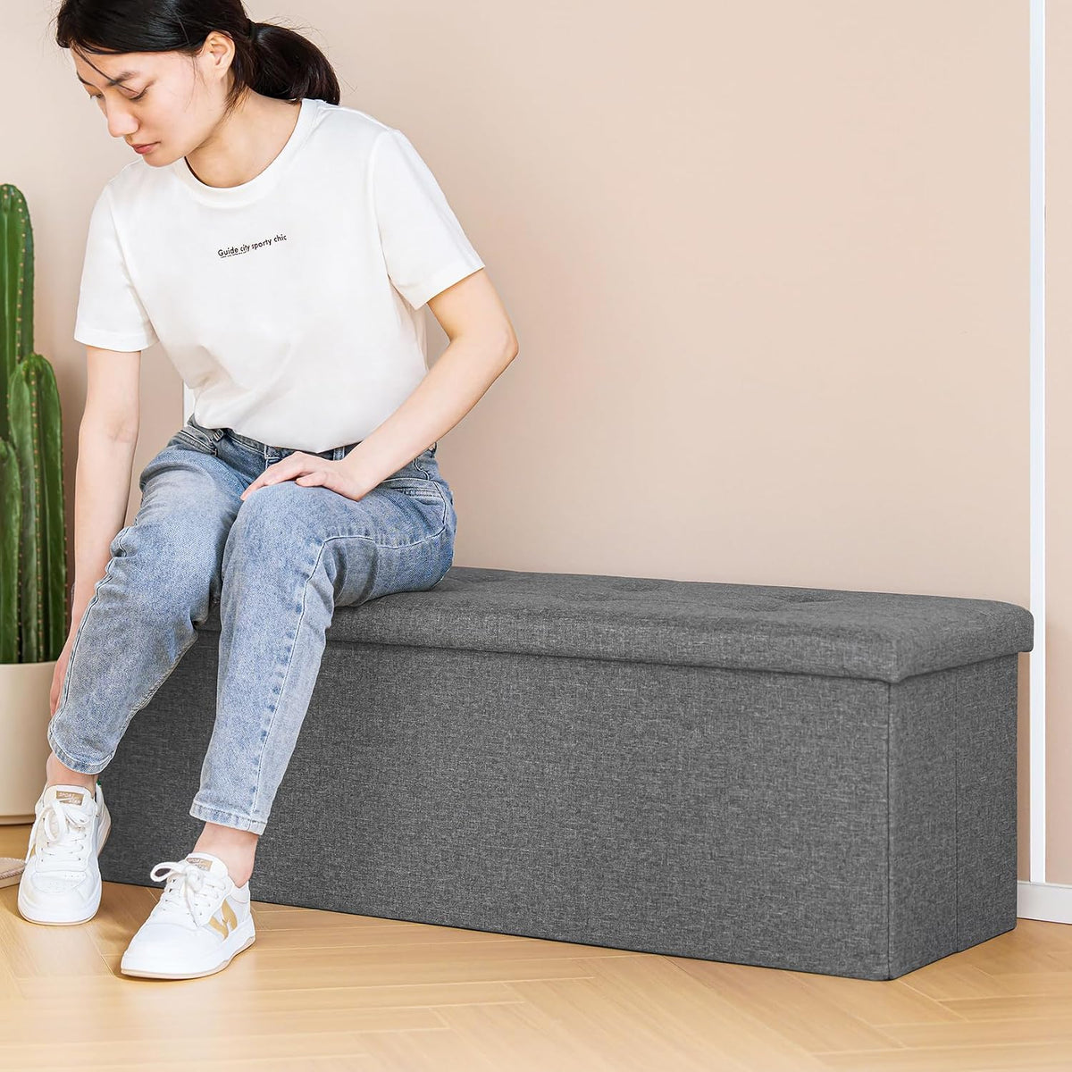 PINPLUS Folding Storage Ottoman Bench, Grey Linen | Linen Storage Chest with Padded Seat, Blanket Organizer, Footrest Stool and End of Bed Bench for Bedroom or Living Room