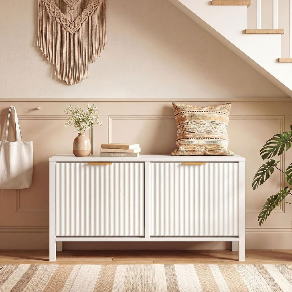 Giantex Shoe Storage Bench with 2 Flip Drawers, Wooden Entryway Bench with Storage, Fluted Doors, Adjustable Shelves, Hidden Shoe Cabinet for Entry Way, Hallway, Foyer, Living Room (White+Gold)