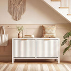Giantex Shoe Storage Bench with 2 Flip Drawers, Wooden Entryway Bench with Storage, Fluted Doors, Adjustable Shelves, Hidden Shoe Cabinet for Entry Way, Hallway, Foyer, Living Room (White+Gold)