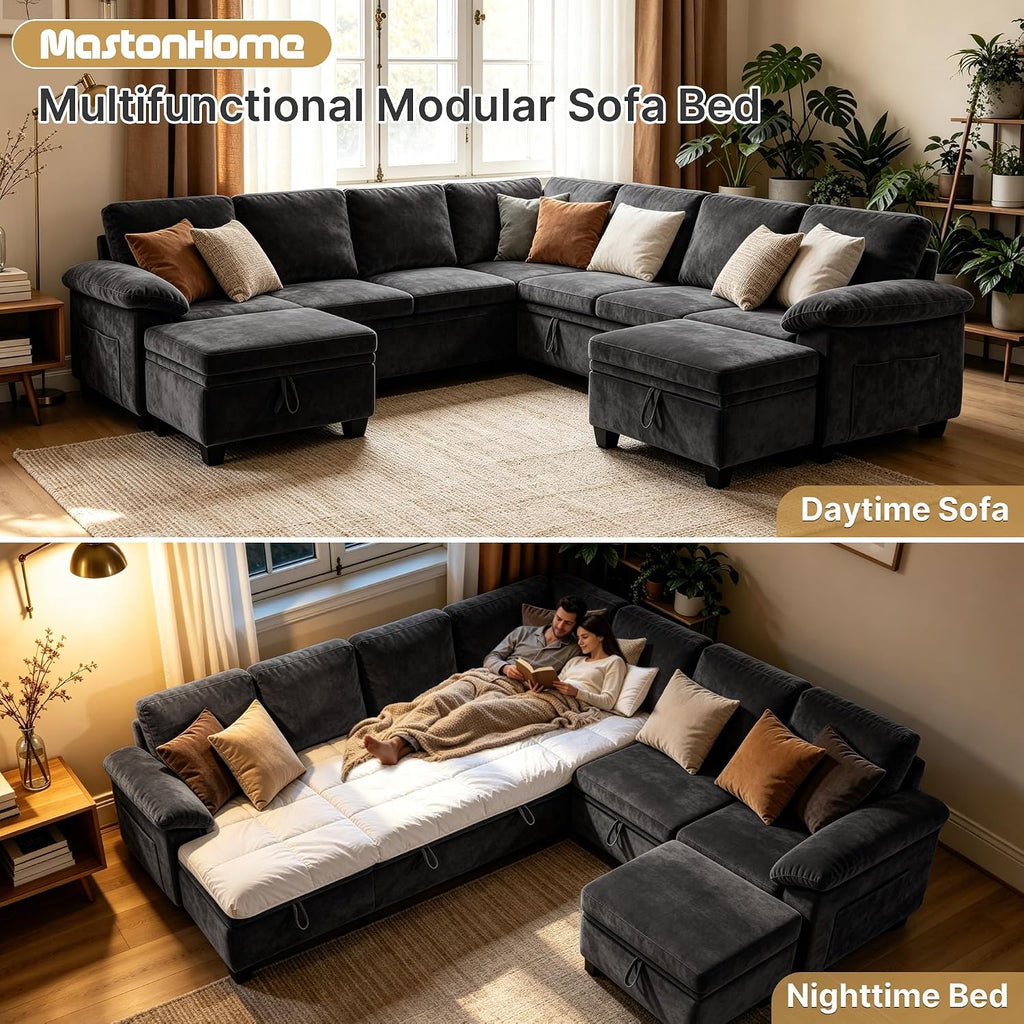 Oversized Sectional Sleeper Couch, 9 Seat Modular Sofa Pull-Out Storage Bed | MastonHome 109" U-Shaped Convertible Cloud Couch with Pillow Armrests, Chenille Fabric for Living Room, Apartment, Black