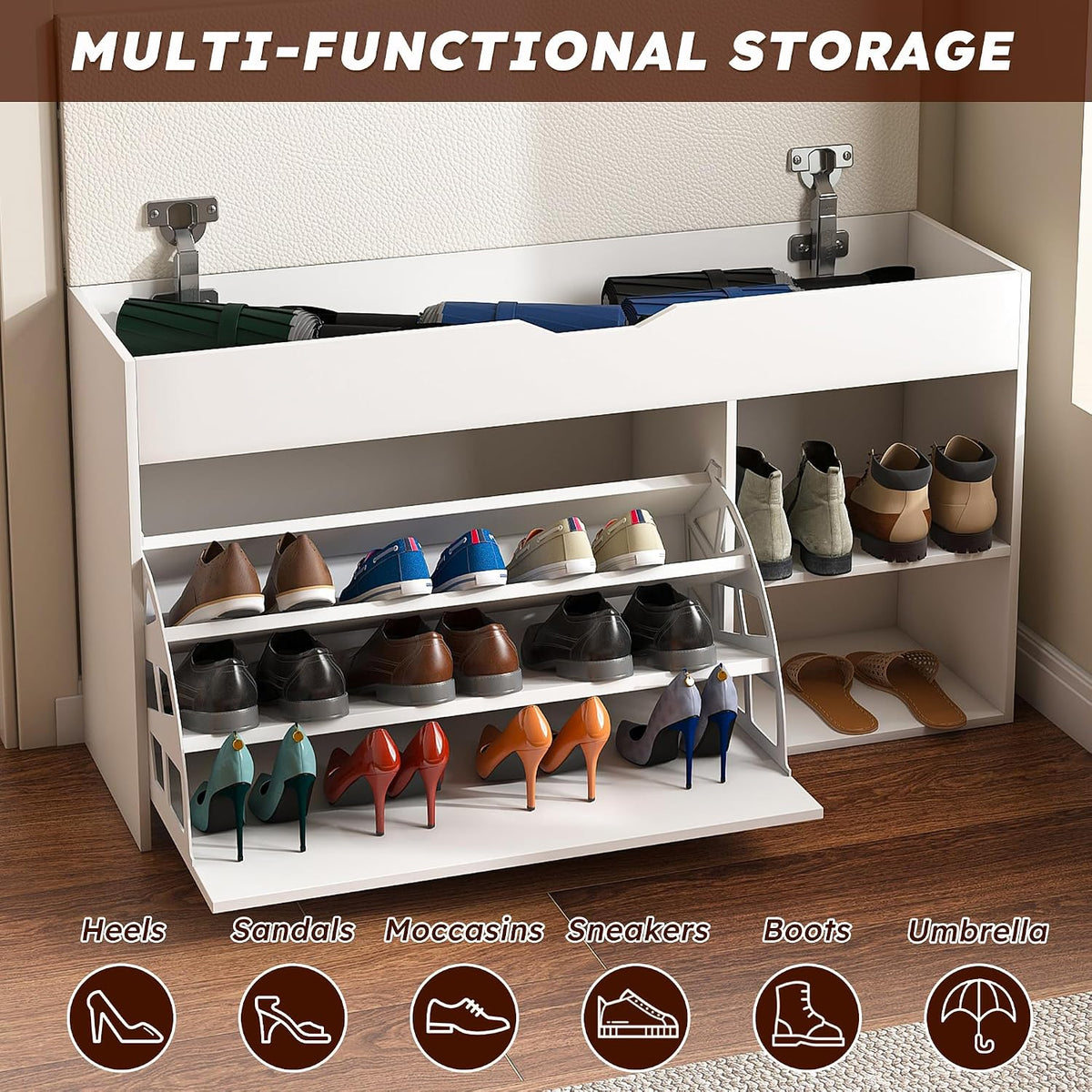 White Shoe Storage Bench, 3-Tier FlipUp Entryway Bench, 39.7 x 11.8X 20.47 Wooden Entry Way Shoe Cabinet, Hold up to 300 lb (A)