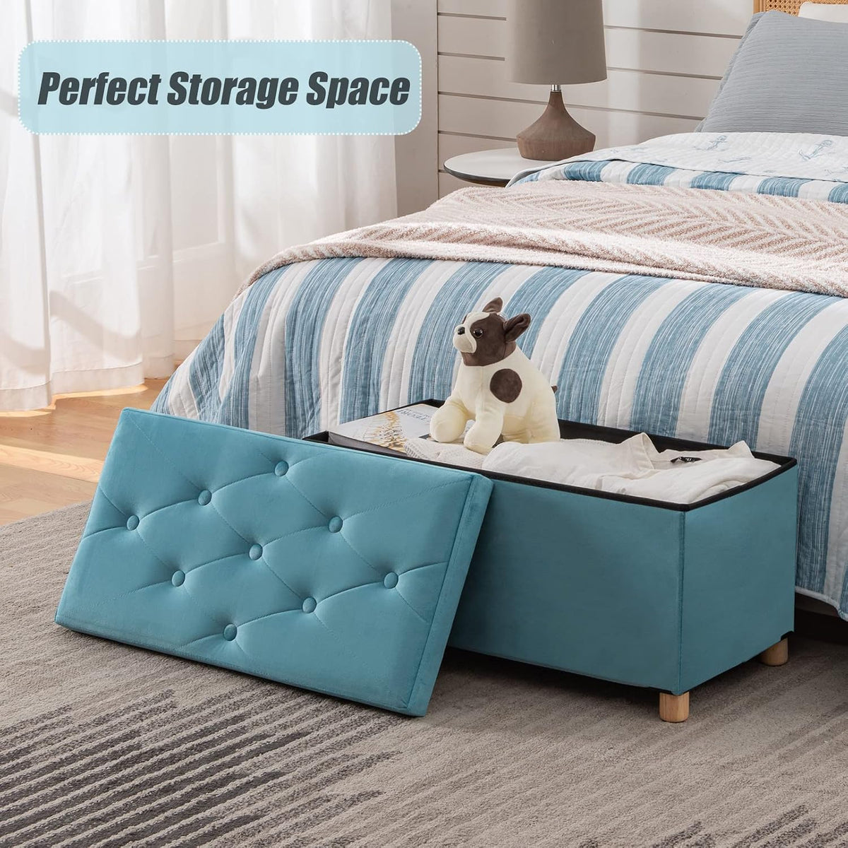BRIAN & DANY 30 Inches Folding Storage Ottoman Bench, Ottoman with Storage for Living Room, with Wooden Feet and Lid, Teal