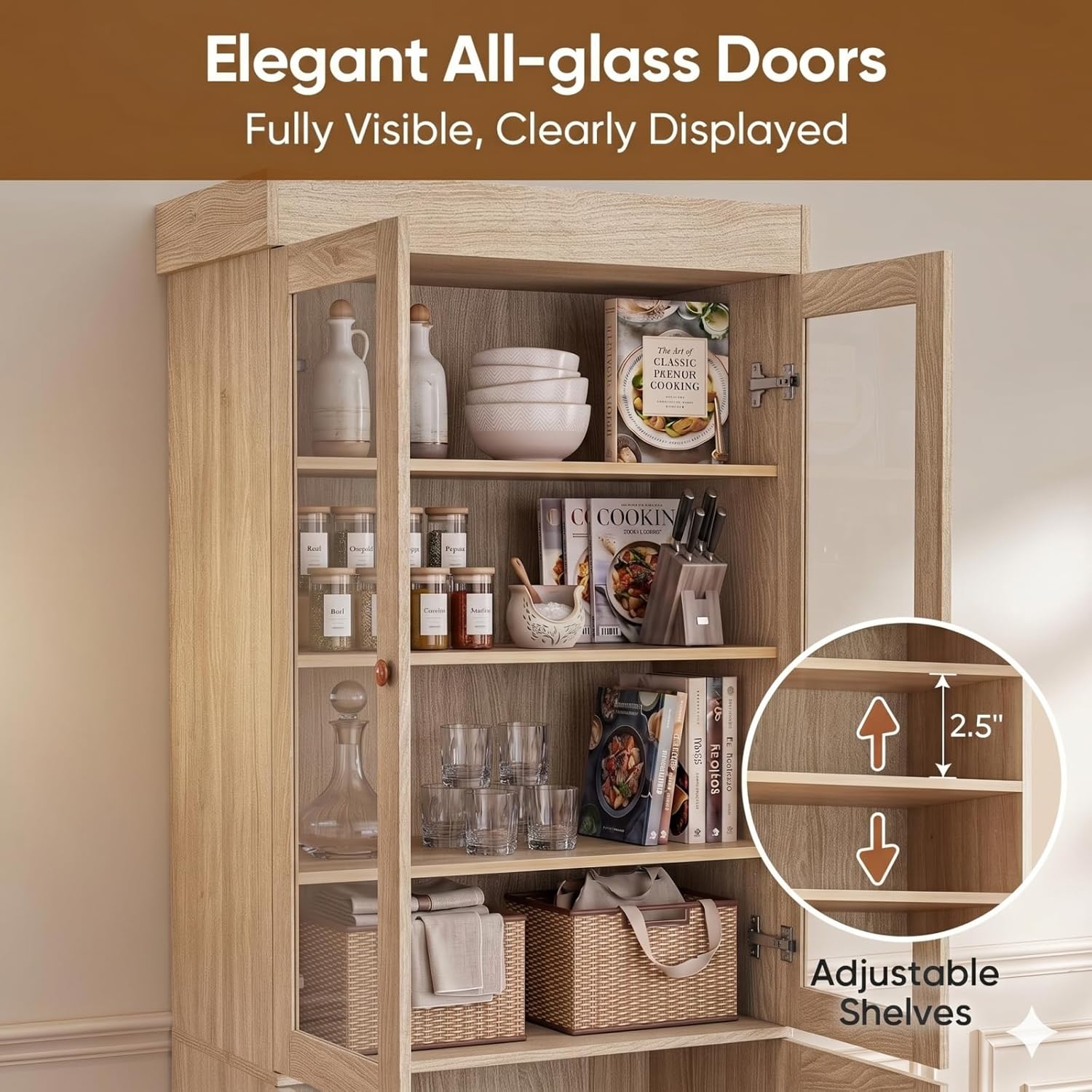 ivaniti 71" Tall Farmhouse Kitchen Pantry Cabinet, Brown Wood Hutch with Glass Doors, 3 Drawers & Adjustable Shelves, Large Storage Cabinet for Dining Room & Living Room, Set of 3