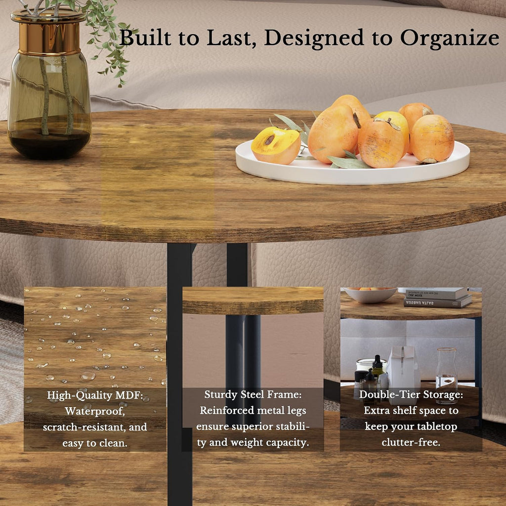 Farmhouse 3-Piece Coffee Table and End Table Set for Living Room | Round Coffee Table Set of 3 with Storage