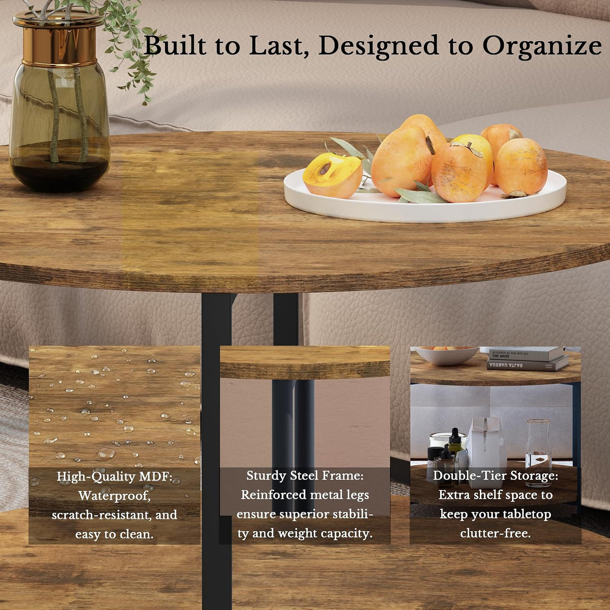 Farmhouse 3-Piece Coffee Table and End Table Set for Living Room | Round Coffee Table Set of 3 with Storage