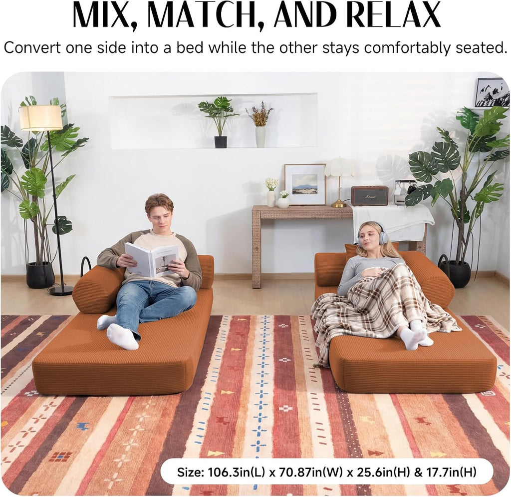 79" Corduroy Sofa Bed, Couch in a Box with 2 Pillows, High-Density Foam 4-in-1 Foldable Sleeper Futon Loveseat for Small Spaces, No Assembly, Side Pockets, Hex Arm Orange