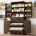 71" Tall Kitchen Pantry Cabinet with 3 Drawers,Farmhouse Storage Cabinet with 6 Barn Door Shelves,with Load-Bearing Steel Pipe and Adjustable Shelves,Pantry Organizer for Kitchen,Living Room(Brown)
