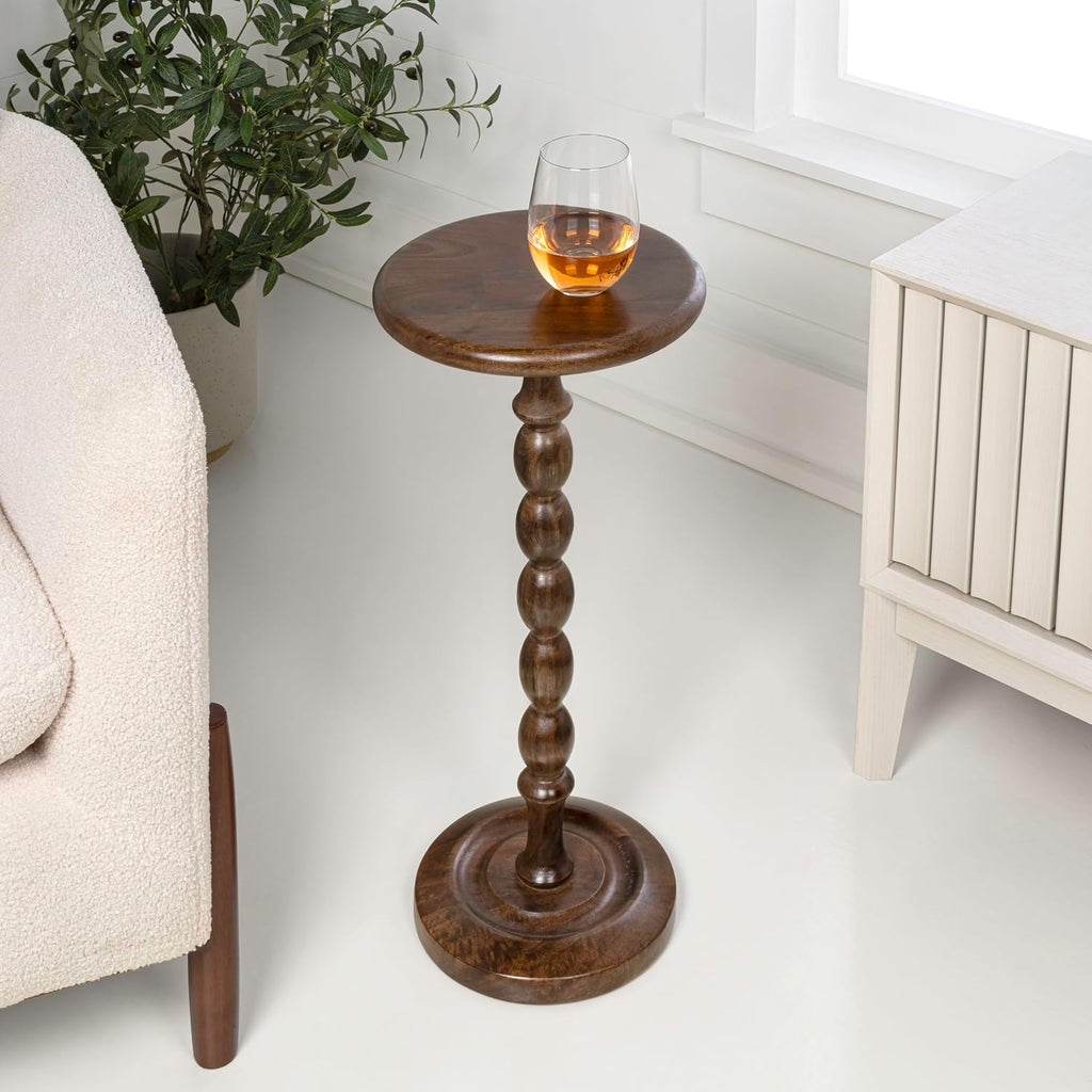 JONATHAN Y Augustus Solid Mango Wood Drink Table, 24.5" Tall Small Round Side Table with Spool Pedestal Base for Living Room and Small Spaces, Rustic Farmhouse Martini Accent, Dark Brown END3007B