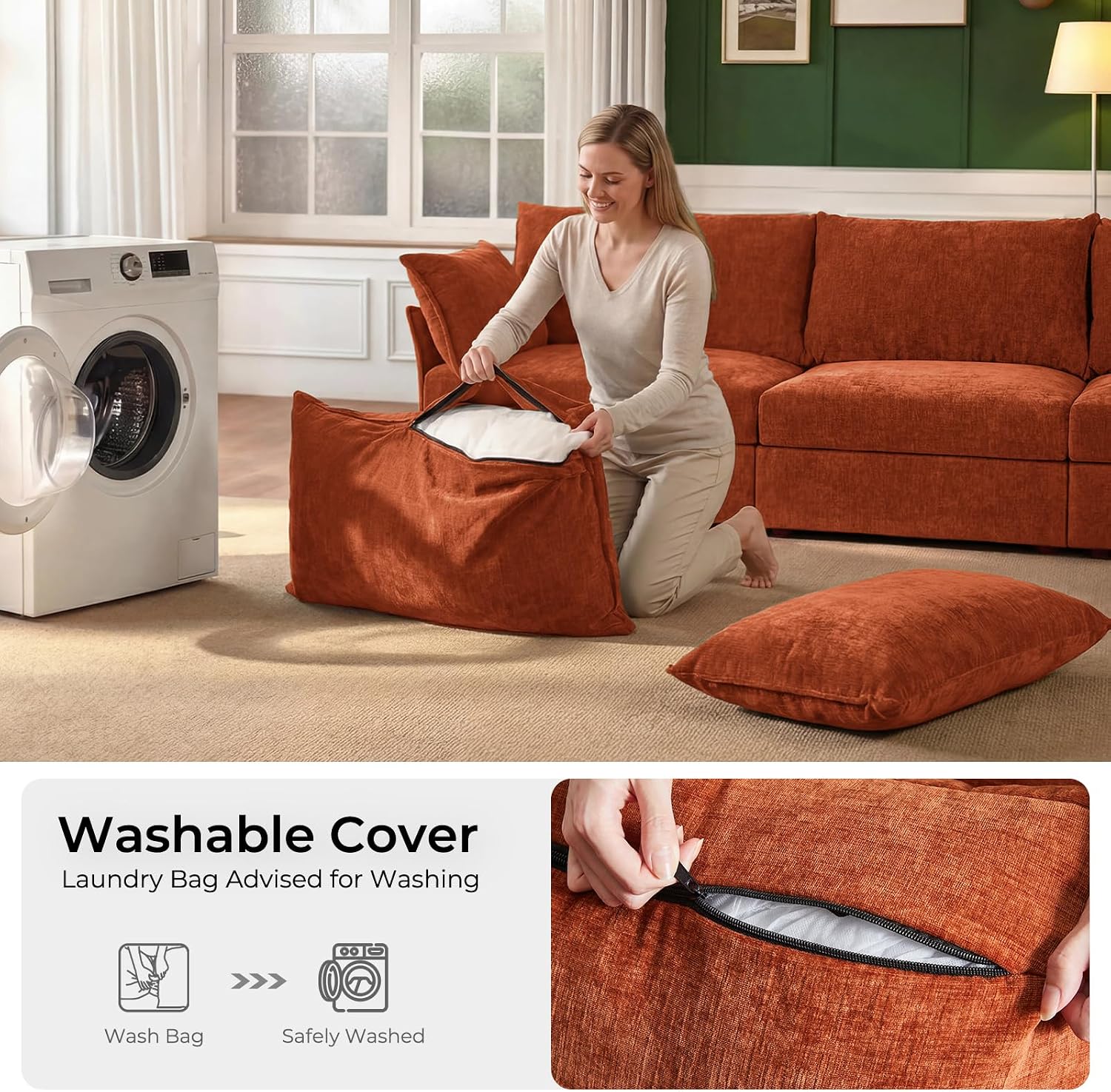 ABCASA L-Shaped 4-Seater Modular Sectional Sofa with Movable Storage Ottoman, Comfy Cloud Couch Set in Terracotta Orange Chenille for Living Room