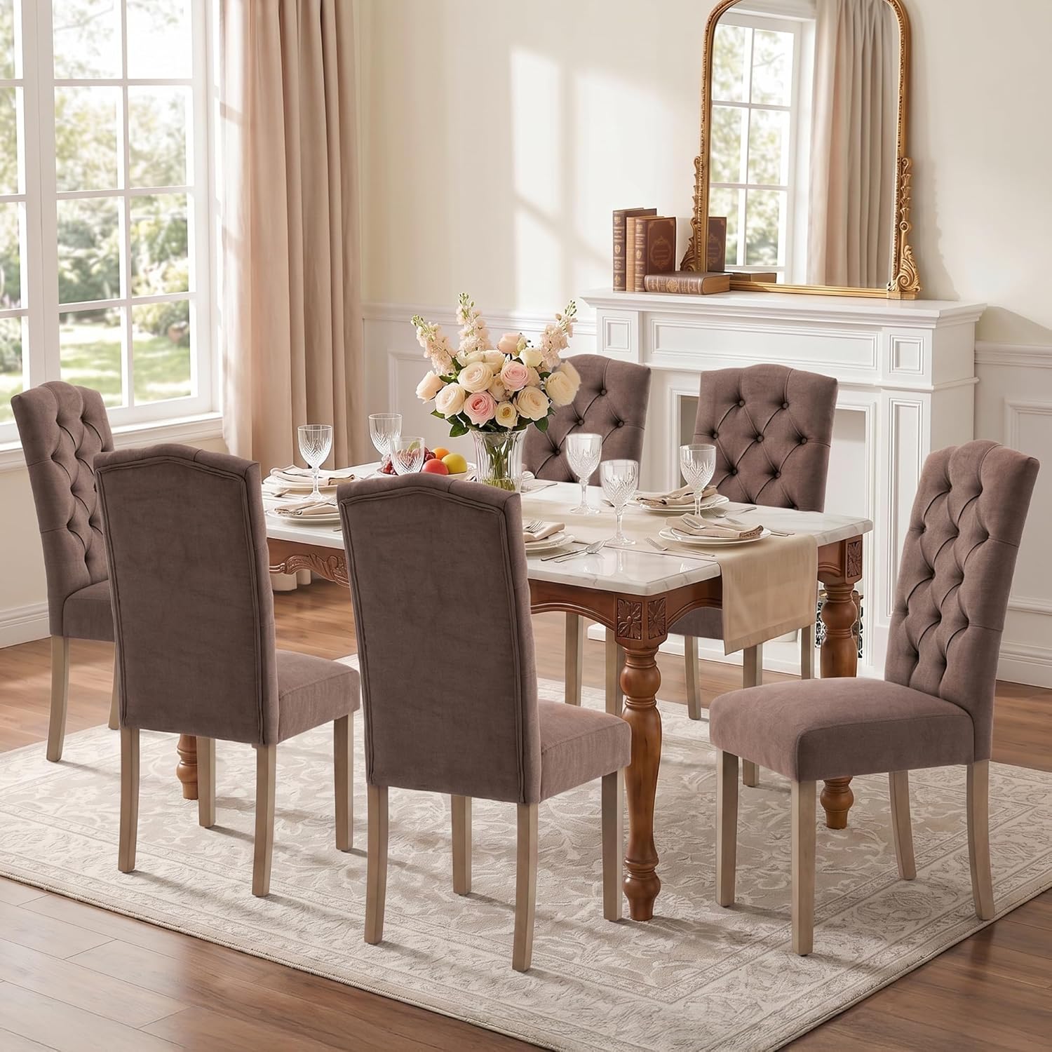 Tufted Upholstered Parsons Dining Chair Set Fabric Diner Accent Stylish Modern Kitchen Living Room with Button Sturdy Solid Wood Legs, 4-Pack