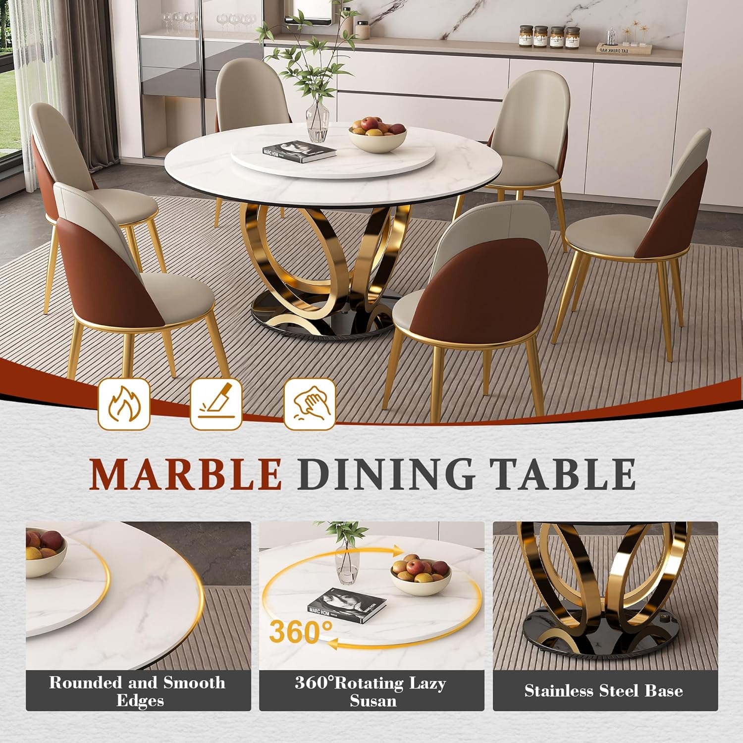 59" Round Dining Table with 360° Rotating Lazy Susan, Scratch & Heat Resistant Sintered Stone Tabletop, Marble Style Kitchen Dining Table, Perfect for Dining Room