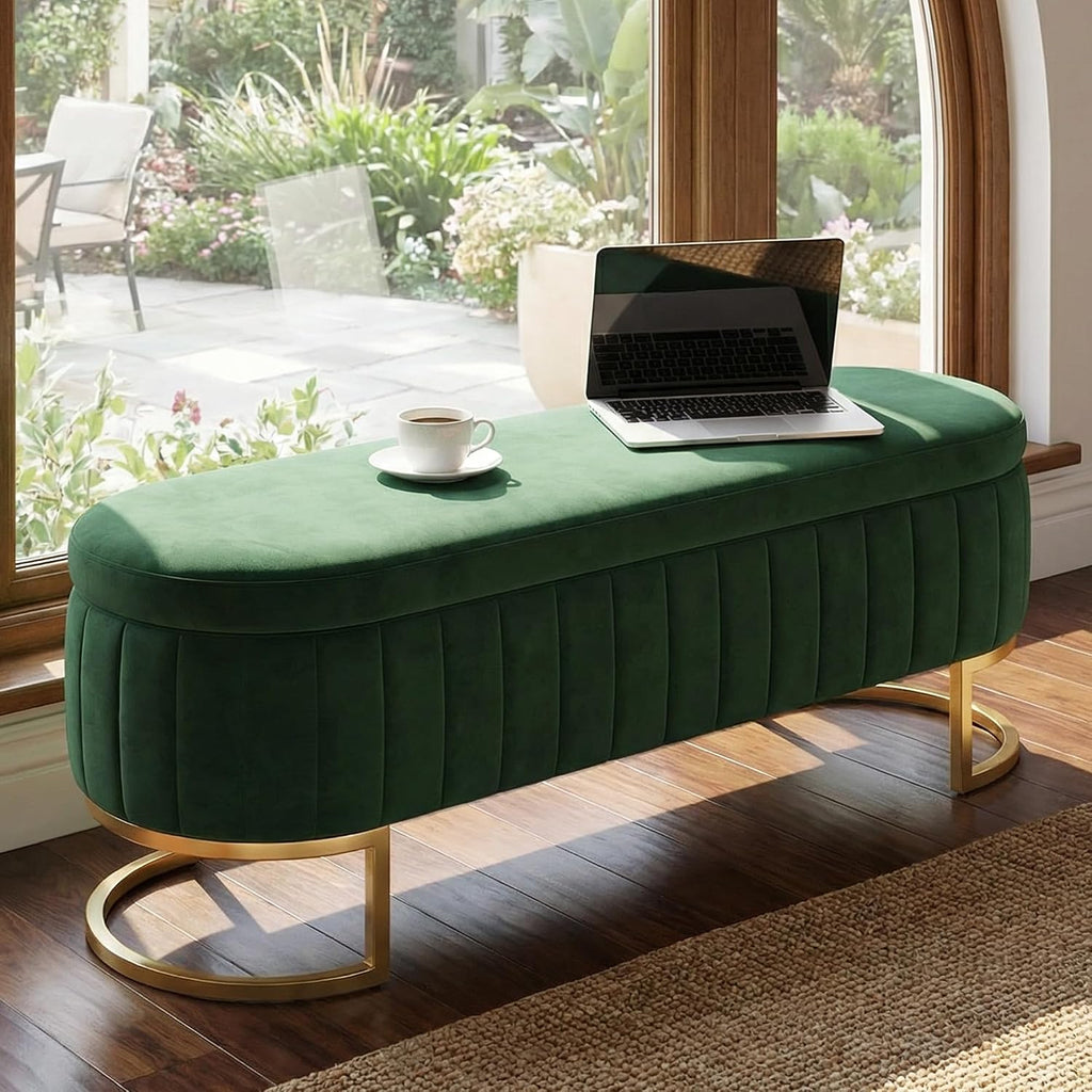 65" Velvet Storage Ottoman Bench End of Bed for Bedroom Entryway Green | Velvet Large Storage Solid Wood with Metal Leg 300 lbs Weight