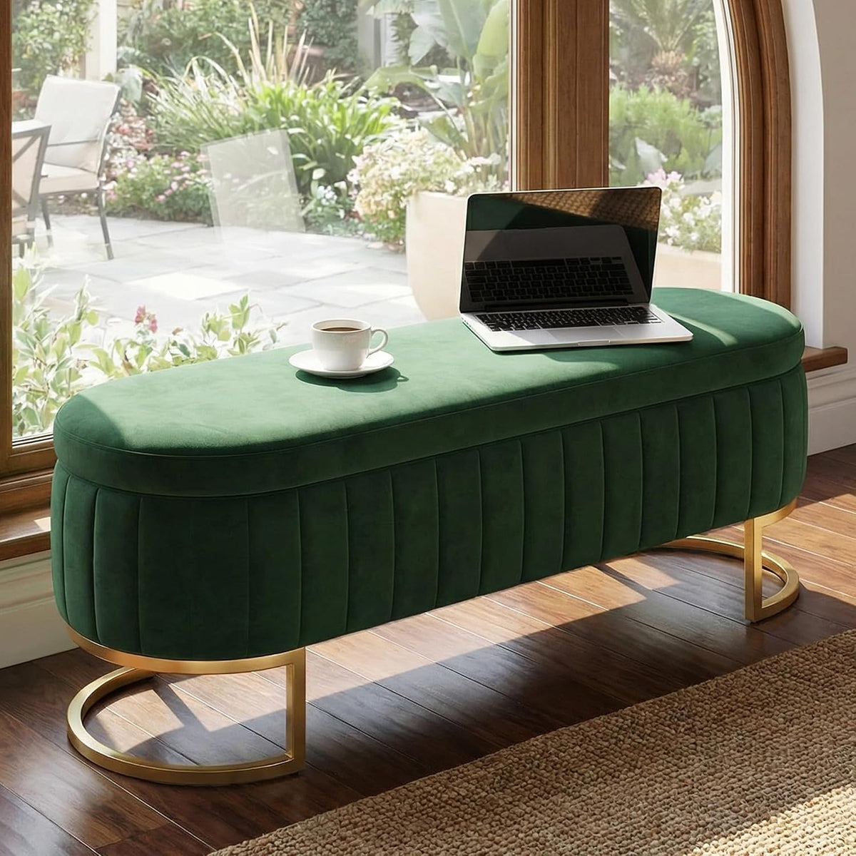 65" Velvet Storage Ottoman Bench End of Bed for Bedroom Entryway Green | Velvet Large Storage Solid Wood with Metal Leg 300 lbs Weight