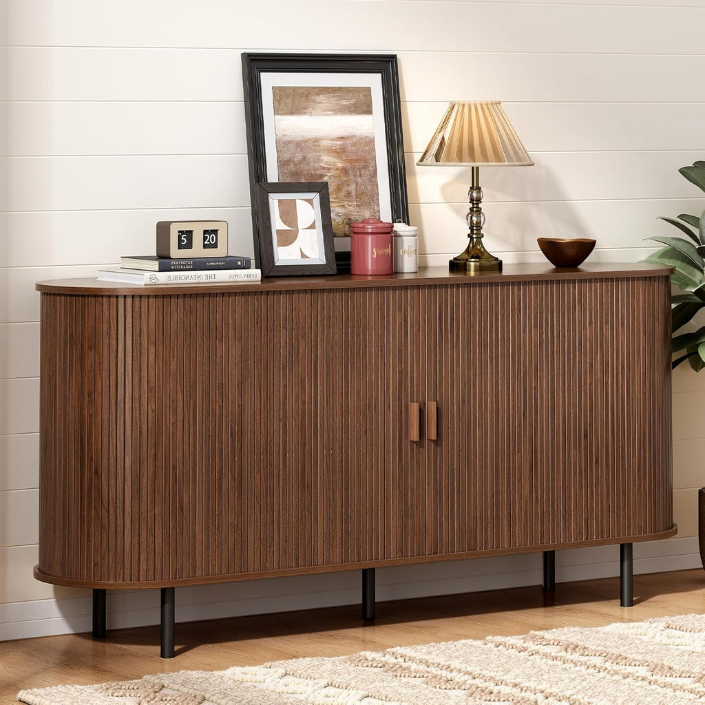 ONBRILL 63" Sideboard Buffet Cabinet, Sliding Door/Adjustable Shelf, Walnut