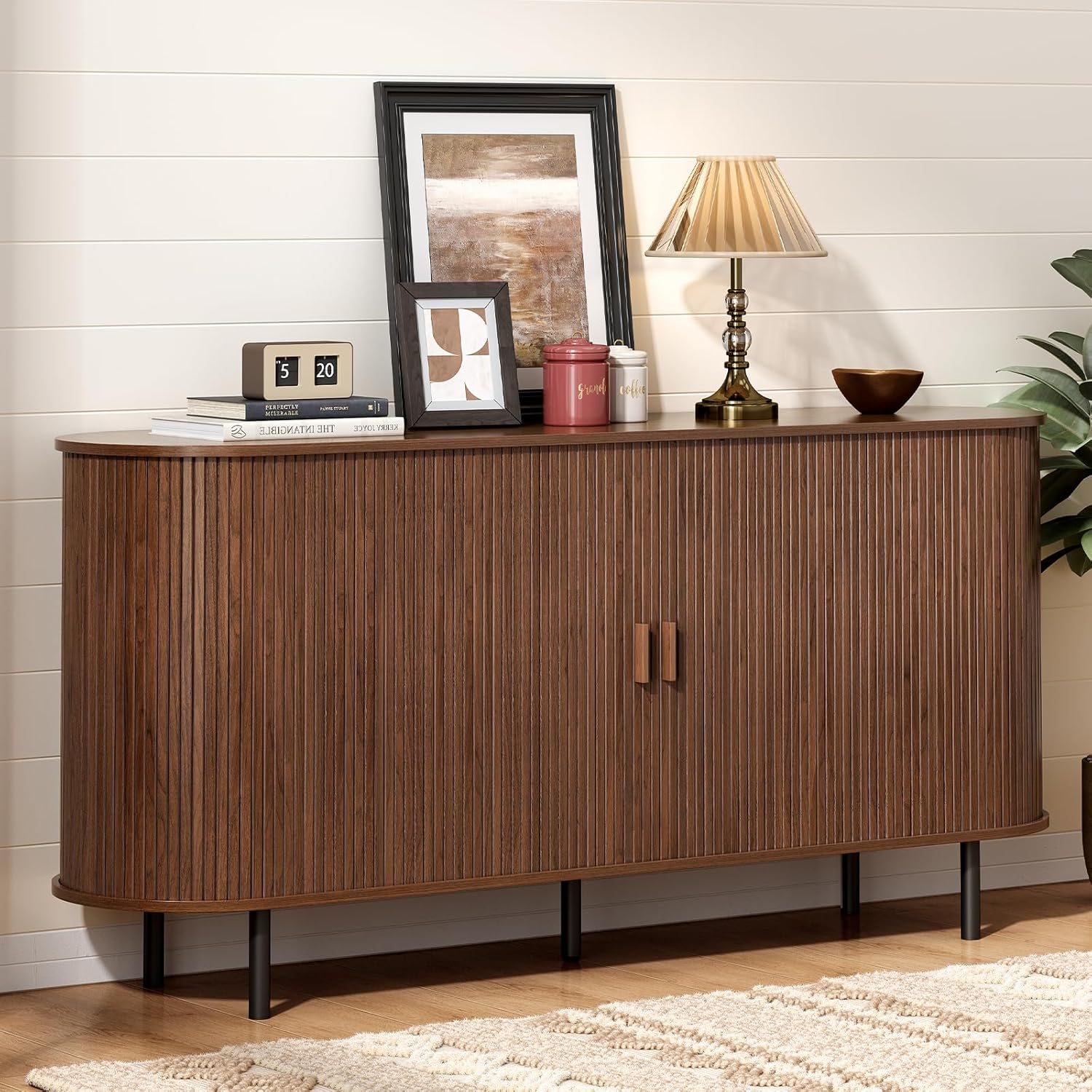 ONBRILL 63" Sideboard Buffet Cabinet, Sliding Door/Adjustable Shelf, Walnut