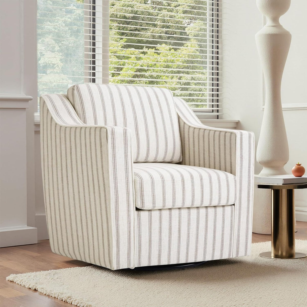 Swivel Accent Chair Set of 2, Fabric Upholstered Arm Chair for Living Room, Modern Club Armchair Comfy Single Sofa Bedroom Reading Seat with Lumbar Pillow - Pinstripe Light Brown