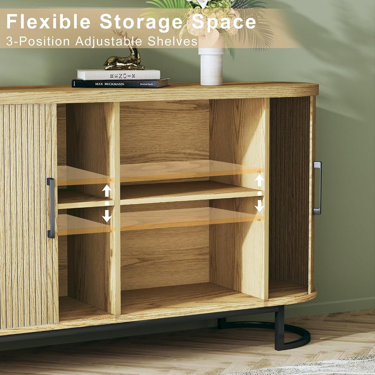 HUAHUU Sideboard Buffet Cabinet with Storage, 54.3" Fluted Tambour, Adjustable Shelves, Mid Century Modern Console for Living Room Kitchen