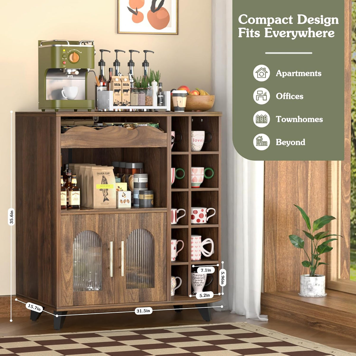 VINAEMO Coffee Bar Cabinet with 24-Cup Display, Large Drawer & Storage,Modern Buffet Sideboard for Kitchen, Medium Wooden Bar Station for Apartment，Walnut