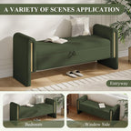 52" Storage Ottoman Bench, Teddy Upholstered End of Bed Bench with Pull-Ring, Storage Bench with Armrest, Window Bench Sturdy with Safety Hinge,Entryway Bench for Bedroom(Olive Green)
