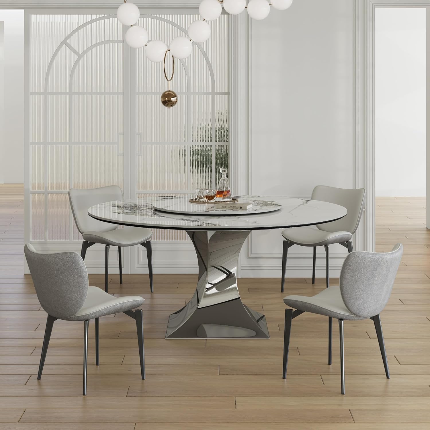 Montary 59” Modern Round Dining Table for 6-8, Artificial Marble Dining Room Table with Lazy Susan, Stainless Steel Black Titanium Hourglass Base, Sintered Stone Top Dining Table (Only Table)