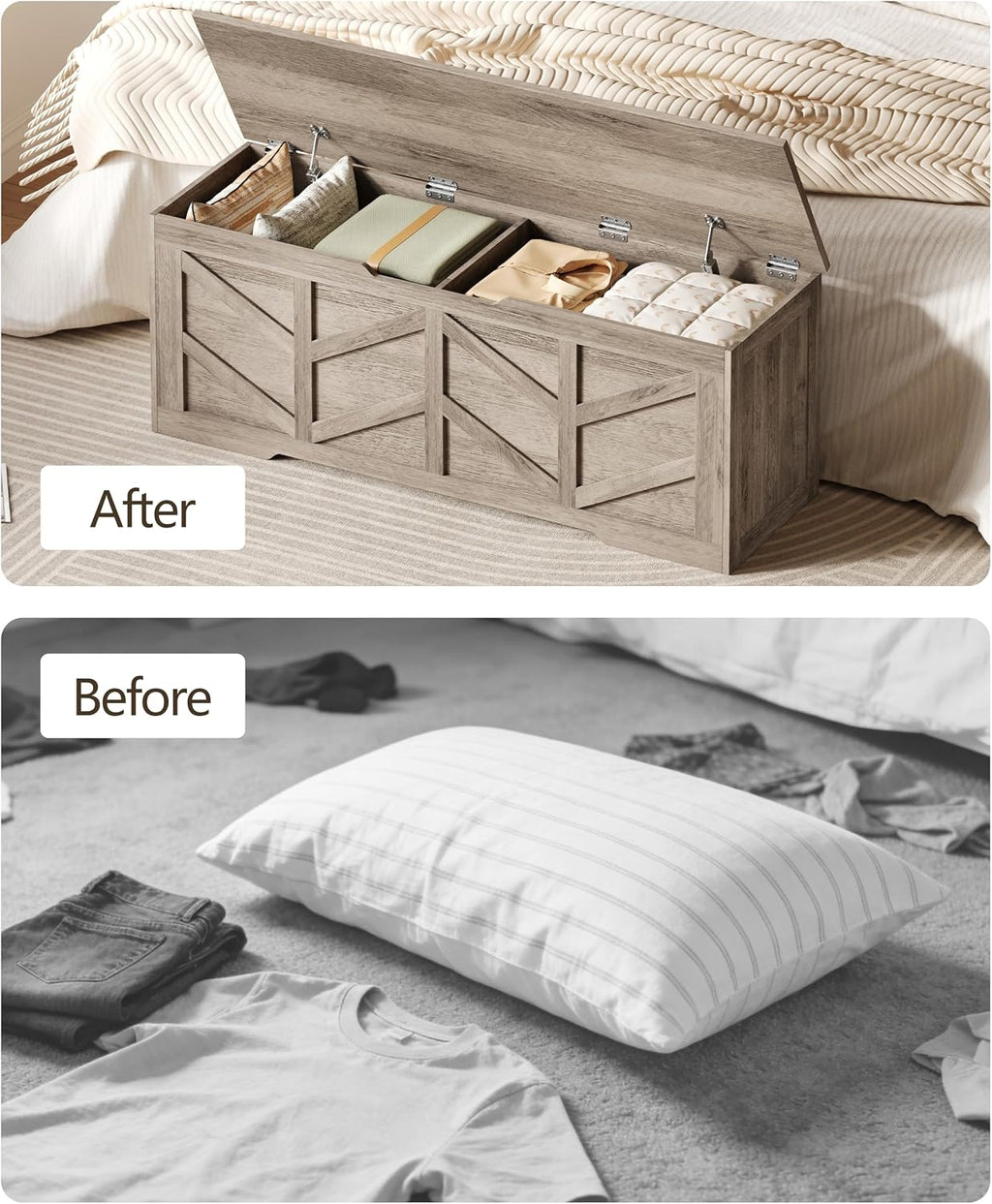 Extra Large Storage Chest, Storage Bench with 2 Safety Hinges | 51.2" Storage Trunk Supports 330 lb, Wooden Farmhouse Blanket Storage for Bedroom, living room, entryway, Greige