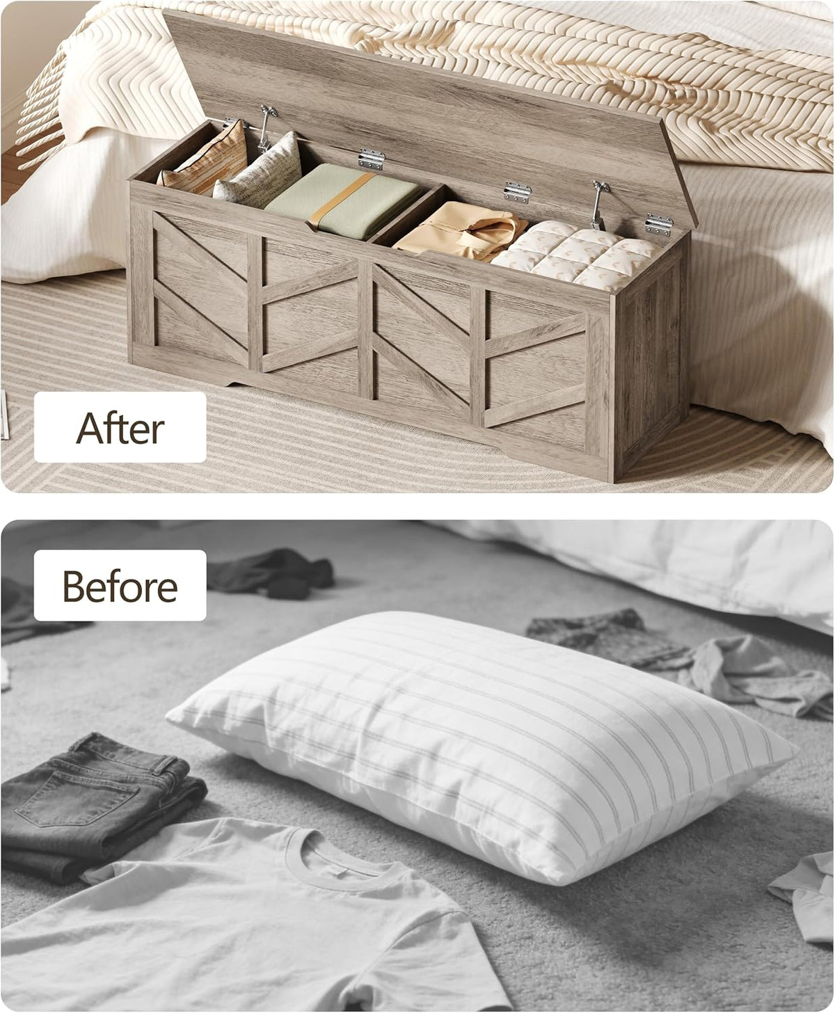 Extra Large Storage Chest, Storage Bench with 2 Safety Hinges | 51.2" Storage Trunk Supports 330 lb, Wooden Farmhouse Blanket Storage for Bedroom, living room, entryway, Greige