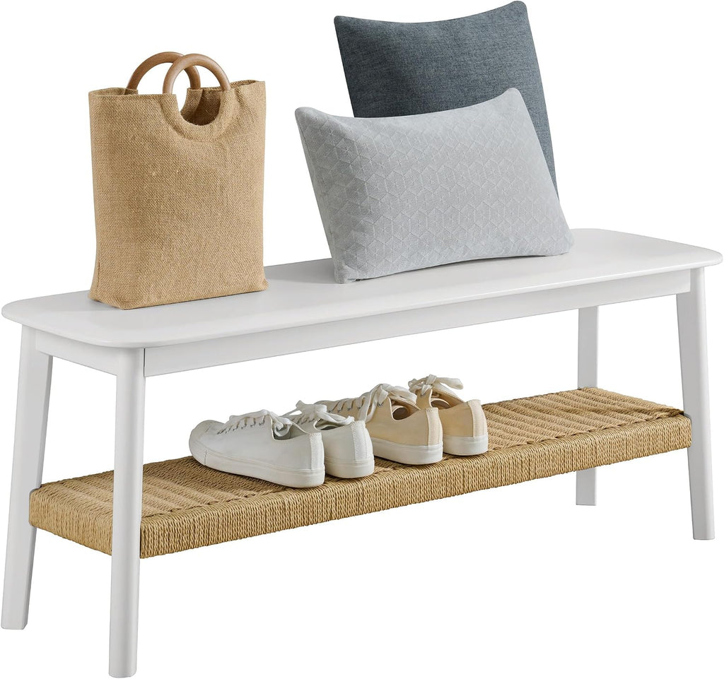 Alaterre Furniture Calais 48 Inch Solid Wood Entryway Bench with Woven Storage Shelf – Mid Century Modern 2-Tier Shoe Bench for Living Room, Hallway or Foyer (White)
