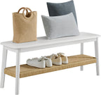 Alaterre Furniture Calais 48 Inch Solid Wood Entryway Bench with Woven Storage Shelf – Mid Century Modern 2-Tier Shoe Bench for Living Room, Hallway or Foyer (White)