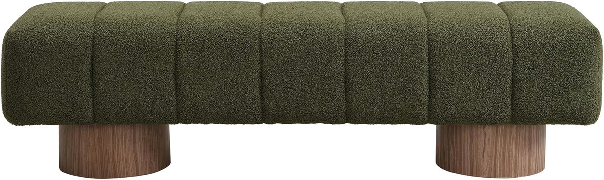 Upholstered Dining Bench, End of Bed Entryway Bench Ottoman for Bedroom Living Room, Dining Room, Green Boucle Fabric Stool Top Wood Leg, 300 LBS Weight Capacity, No-Assembly, Green