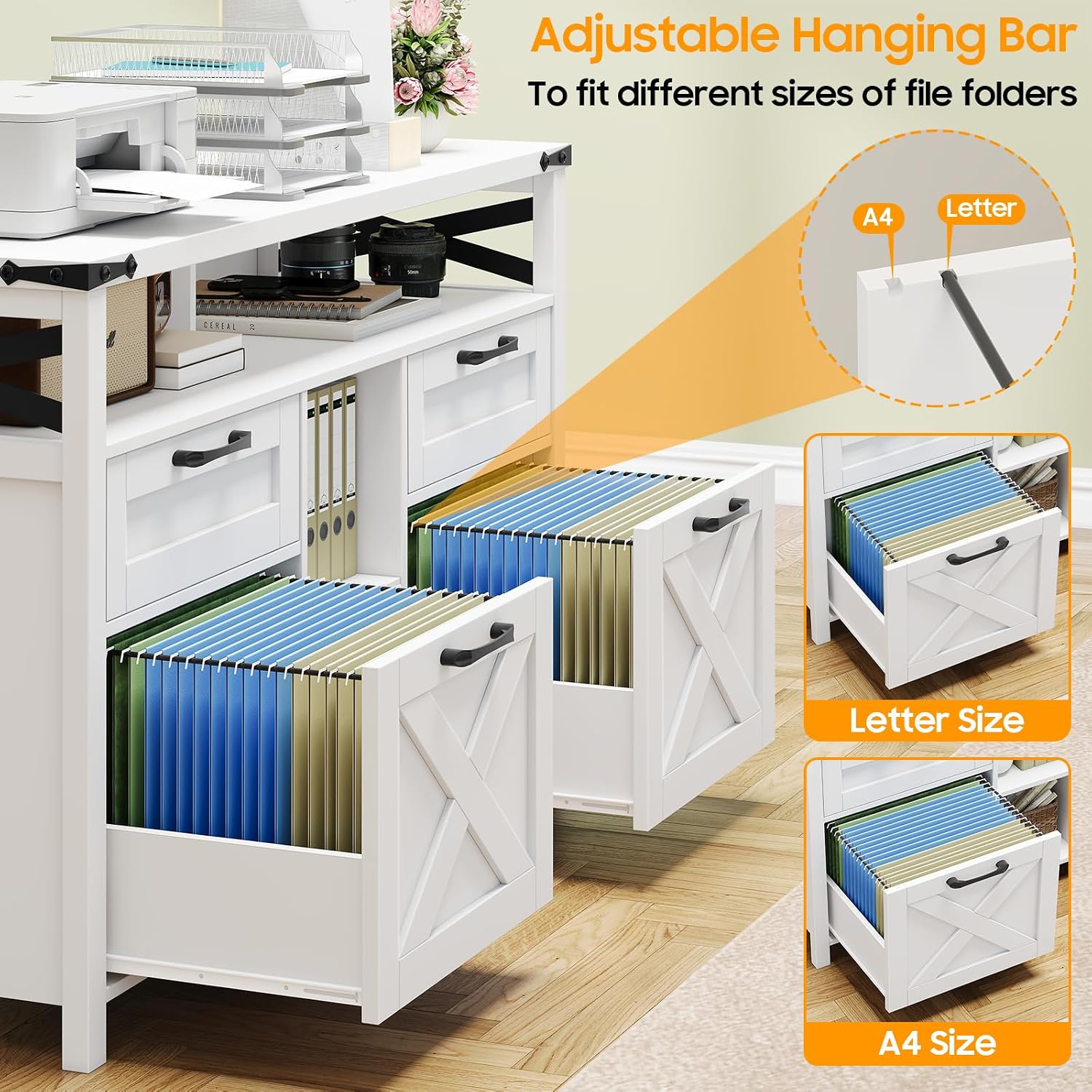 Halitaa File Cabinet with Open Storage Shelf for Home Office, White | Farmhouse, Lateral Filing Organization Storage Cabinets, 4 Drawers, Adjustable Shelf, Hanging Files Letter/A4