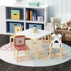 5 Piece Kiddy Table and Chair Set, Kids Wood Table with 4 Chairs Set Cartoon Animals (Bigger Table) (3-8 Years Old), Multi