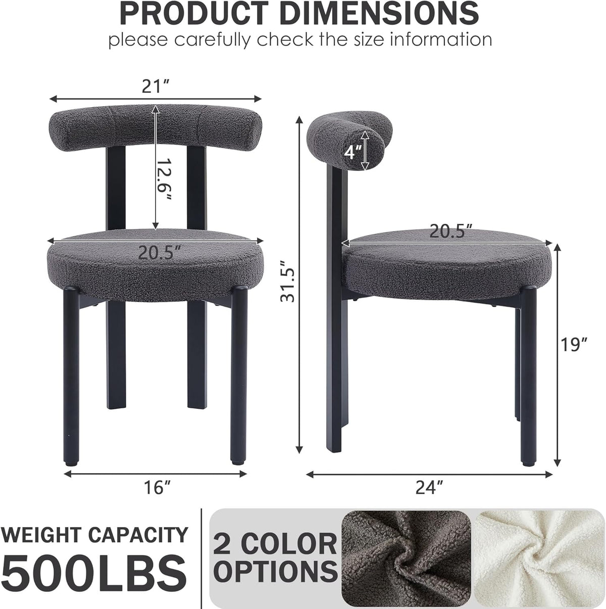 Boucle Dining Chairs Set of 4 Kitchen & Dining Room Chairs(Gray) | Mid Century Modern Upholstered Dining Chairs with Curved Backrest and Black Metal Legs