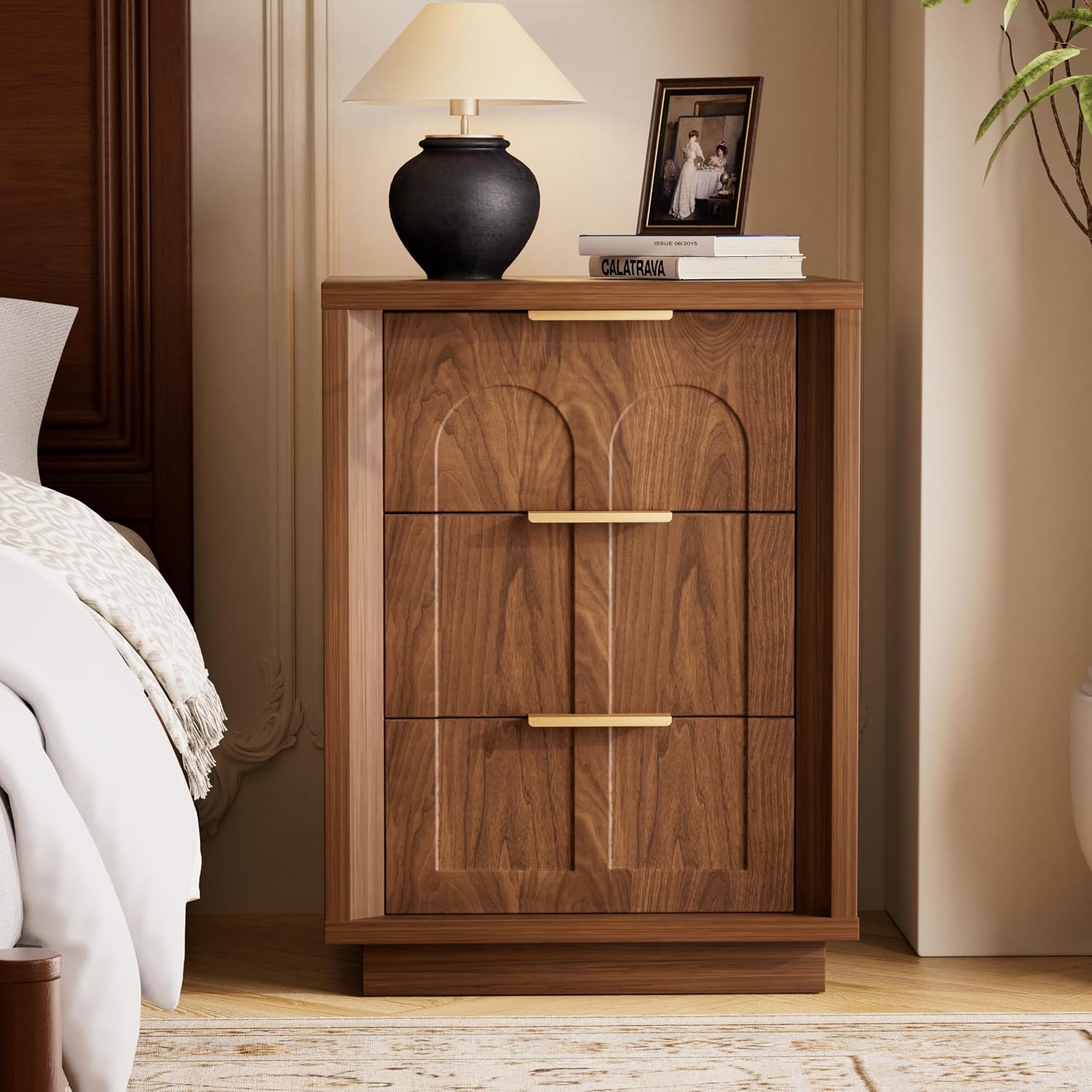 Nightstands Set of 2, Mid Century Modern 3 Drawer Bedside Tables with Arched Fronts and Gold Handles, Walnut End Tables for Bedroom, Living Room, Small Spaces，Walnut