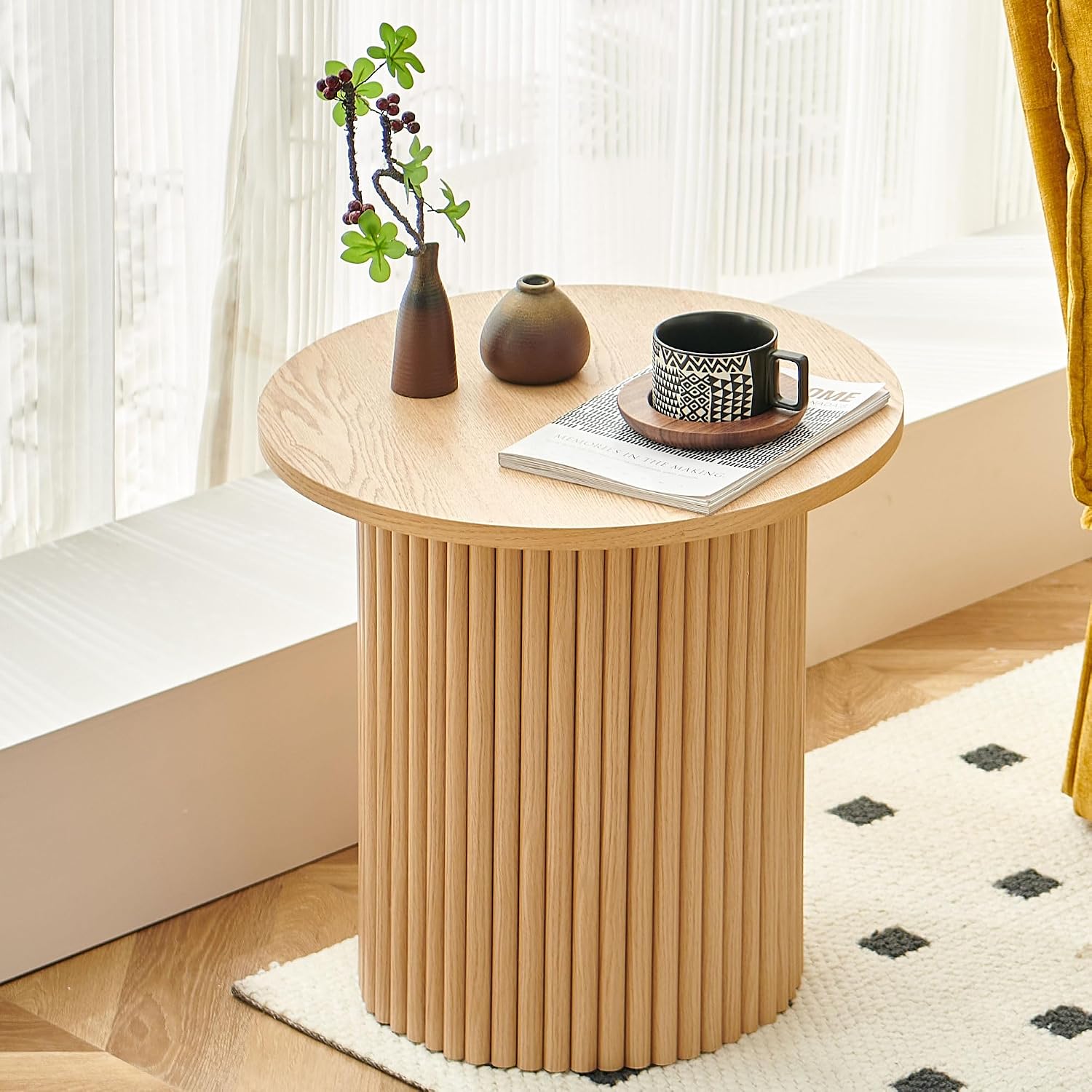 Homedot Small Round Accent Side Table with Wood Strip Base for Living Room, 19.69" Cicle End Table Engineered Wood Desktop Solid Oak Veneer Furnish, Modern Nightstand Table for Bedroom