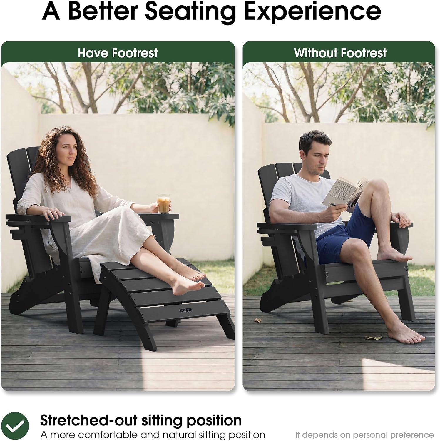 Adirondack Ottoman Footrest for Adirondack Chair, All-Weather HDPE Outdoor Foot Stool, Folding Patio Ottoman for Lawn, Garden, Deck, Backyard, Black