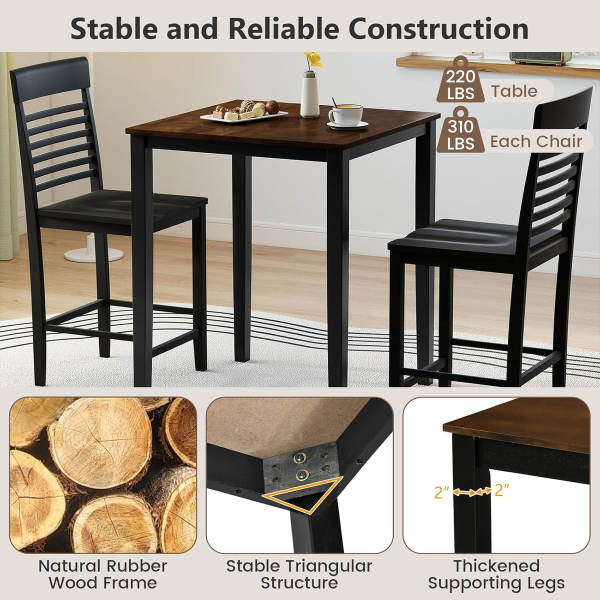 Giantex 5-Piece Dining Table Set for 4, Counter-Height Square Kitchen Table and Chairs Set with Rubber Wood Frame, Curved Back, Footrest, Bar Table Set for Small Place Dinette Breakfast Nook