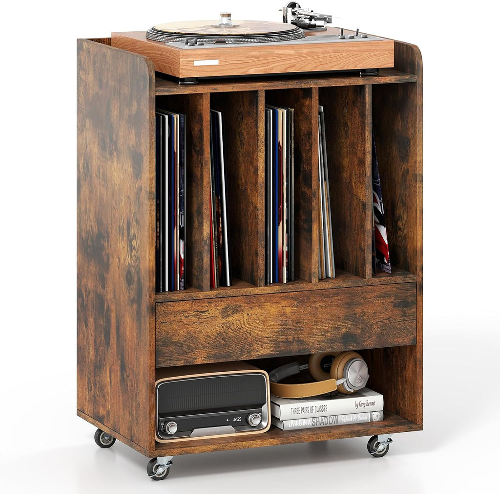 Giantex Record Player Stand, Rolling Turntable Stand with Drawer & Lockable Wheels, Record Player Table Holds Up to 150 Albums, Vinyl Record Storage for Living Room Bedroom, Rustic Brown