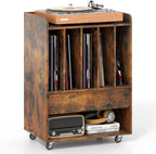 Giantex Record Player Stand, Rolling Turntable Stand with Drawer & Lockable Wheels, Record Player Table Holds Up to 150 Albums, Vinyl Record Storage for Living Room Bedroom, Rustic Brown