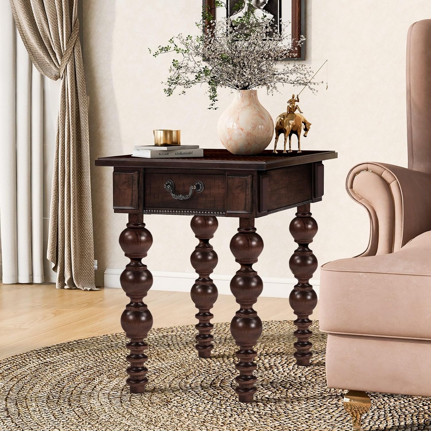 KEIKI Solid Rubber Wood Round Side End Table with Storage Drawer, Traditional Vintage Couch Sofa Bedside Table Night Stand for Living Room Bedroom, Easy Assembly, Espresso