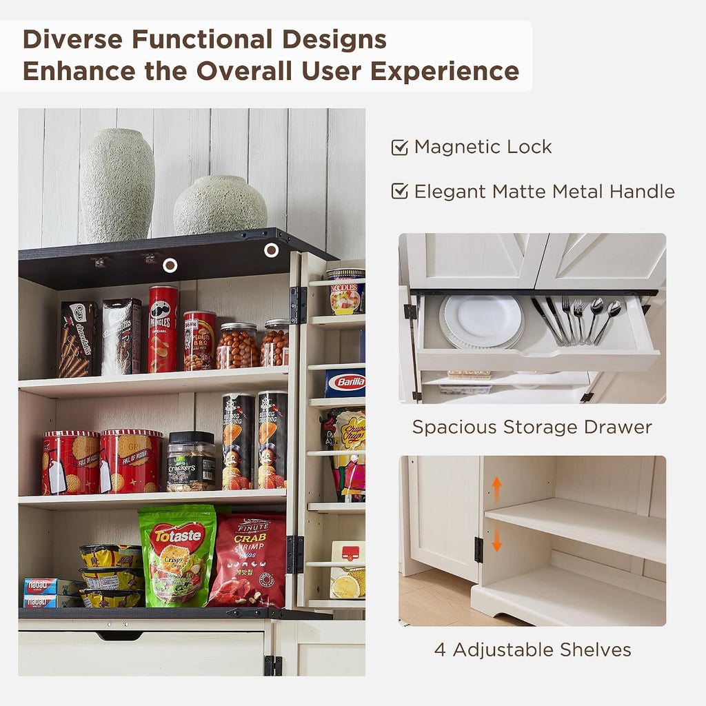 ACCOHOHO 72" Tall Wooden Pantry Storage Cabinet with Door Shelves & Drawer | Farmhouse, Barn Doors, Adjustable Shelves, Freestanding, Anti-tip Kit, for Kitchen, Dining Room, Living Room