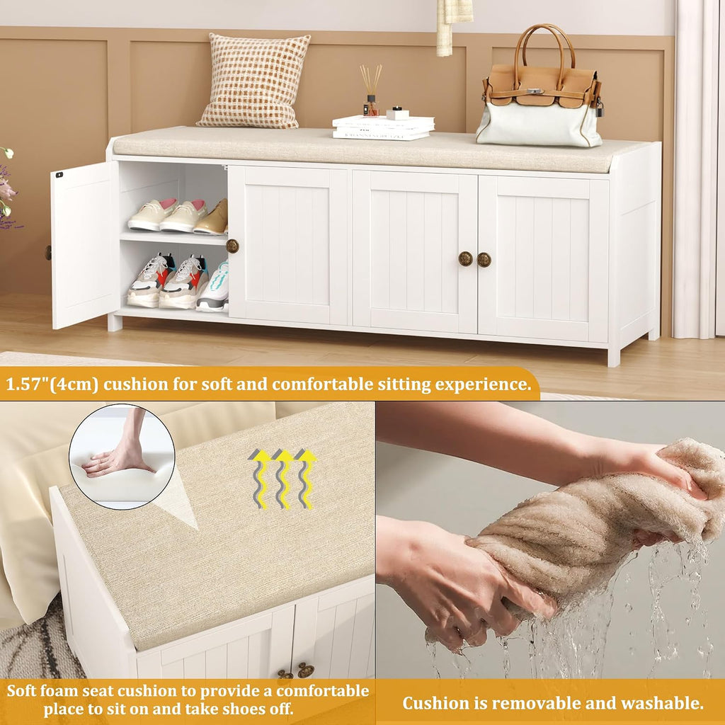 HOMEFORT 48.4" Shoe Storage Bench with Cushion, Entryway Bench with Paddded Seat, 2-Tier Shoe Cabinet Bench with Adjustable Shelves and 4 Doors, Wooden End of Bed Bench, for Bedroom, Hallway, White
