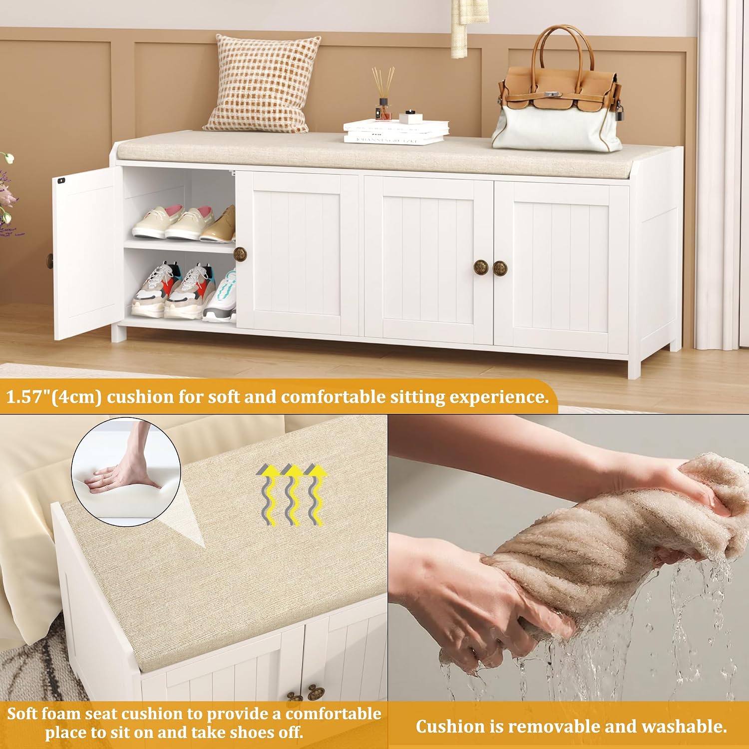 HOMEFORT 48.4" Shoe Storage Bench with Cushion, Entryway Bench with Paddded Seat, 2-Tier Shoe Cabinet Bench with Adjustable Shelves and 4 Doors, Wooden End of Bed Bench, for Bedroom, Hallway, White