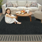 OJIA Easy Jute 5x7 Outdoor Rug, Washable Patio Rugs for Living Room Striped Border Indoor Outdoor Carpet Farmhouse Non-Slip Black Rug Geometric Area Rug for Porch Backyard Dining Room