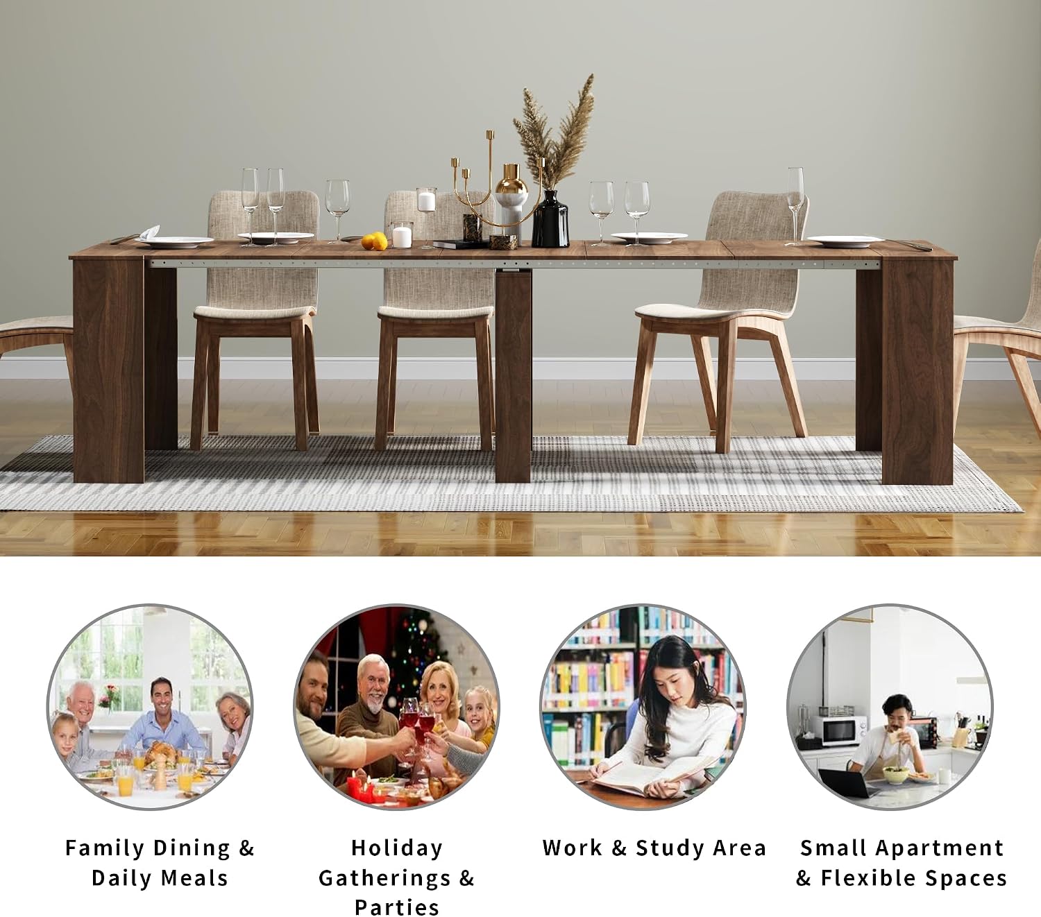 Extendable Dining Table, Transformer Extra Console Table for 1-12 People, Folding Space Saving Dining Room Table for Homes, Apartments, Walnut