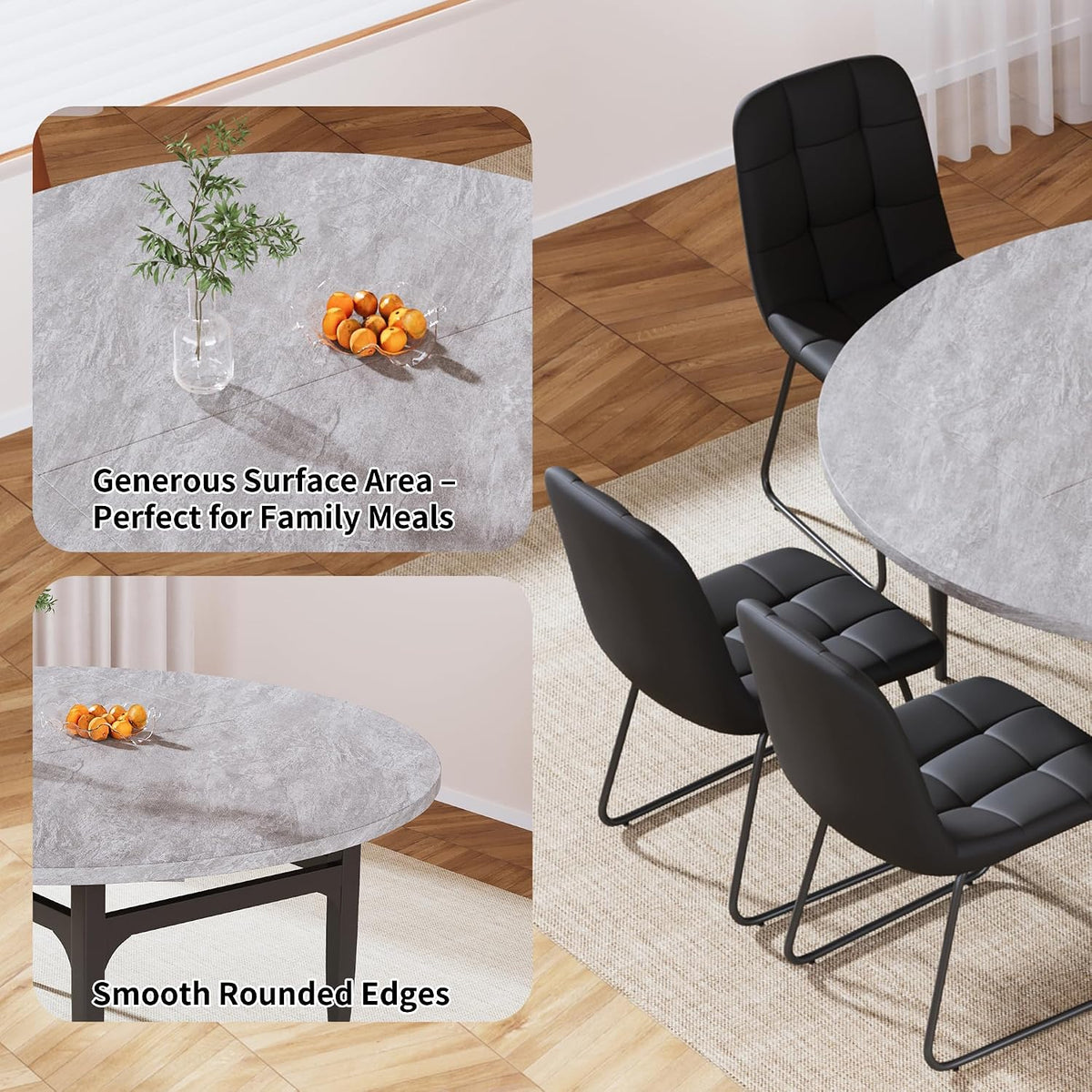 HIPIHOM Expandable Folding Dining Table Set, 55-Inch Round to Square Table with 6 Upholstered Chairs, Metal Frame, for Dining Room or Apartment (Round Table + 6 Black Modern Dining Chairs)