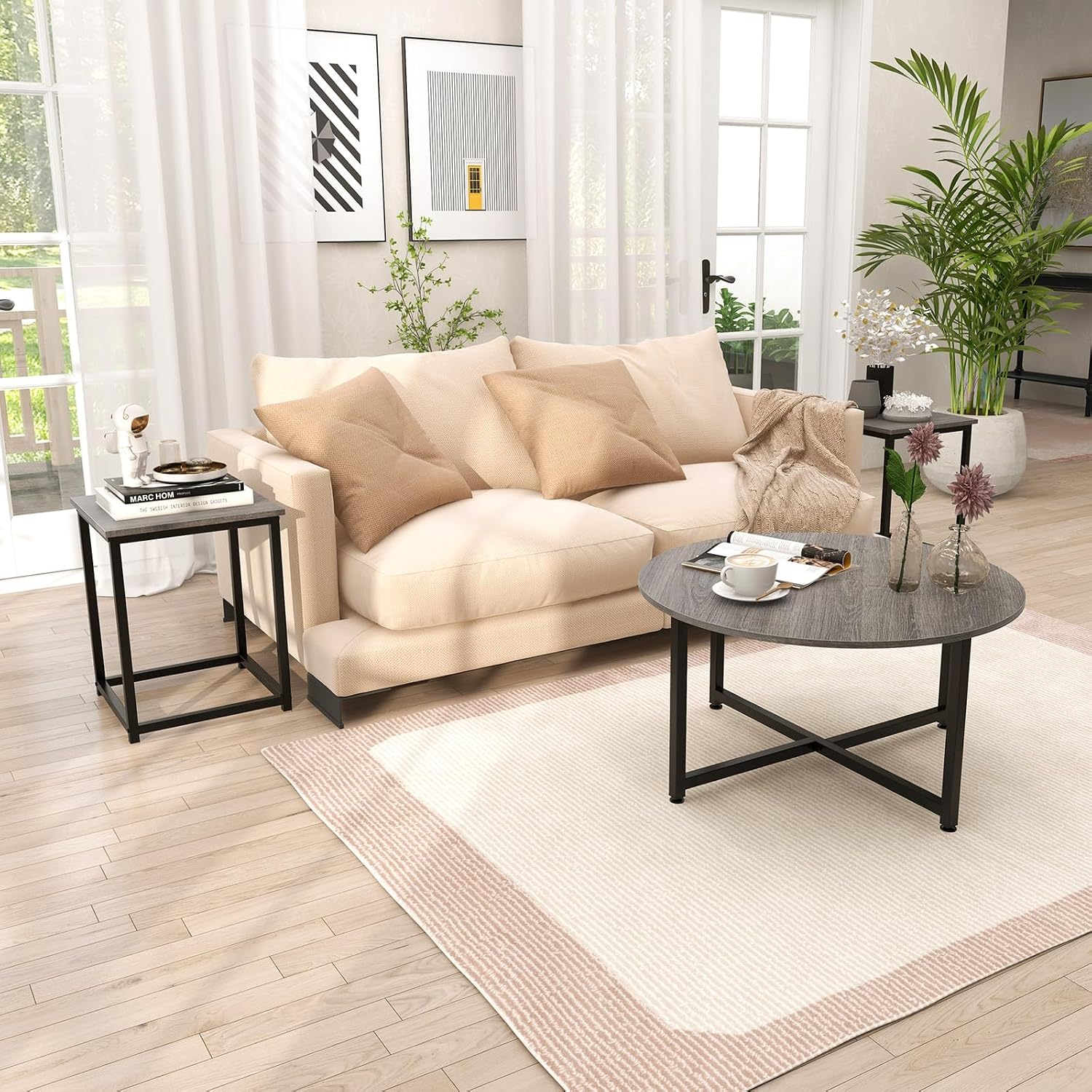 COSTWAY Coffee Table Set of 3, Wood Grain Round Coffee Table and 2 Square End Side Tables with Metal Frame, Modern 3-Piece Living Room Tables Set for Small Space, Apartment (Gray & Black)