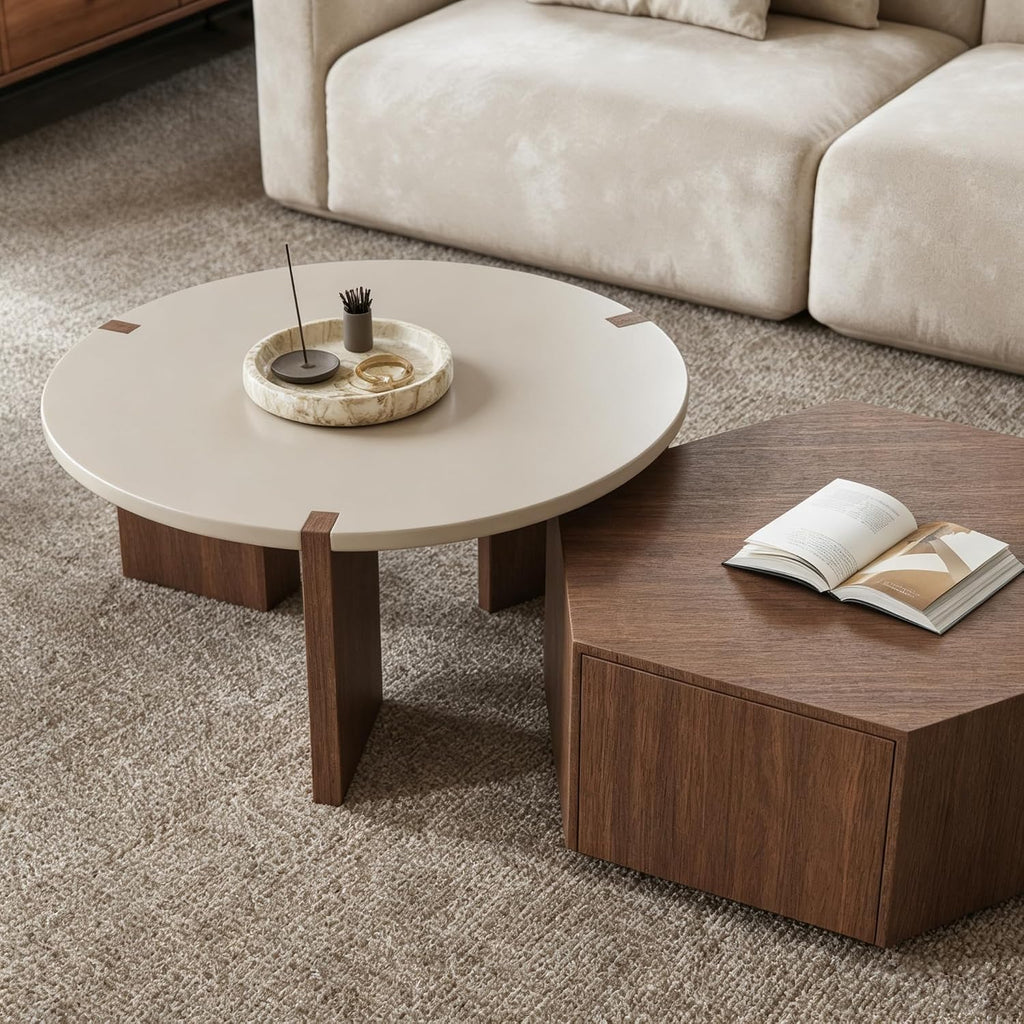Round Nesting Coffee Table for Living Room, Hexagonal Side Table Set | White Lacquer Finish Center Tabletop | Pine Veneer End Table | Set of 2 | Living Room Decor | Stackable Design | Space-Saving