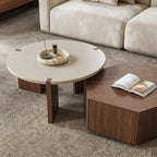 Round Nesting Coffee Table for Living Room, Hexagonal Side Table Set | White Lacquer Finish Center Tabletop | Pine Veneer End Table | Set of 2 | Living Room Decor | Stackable Design | Space-Saving